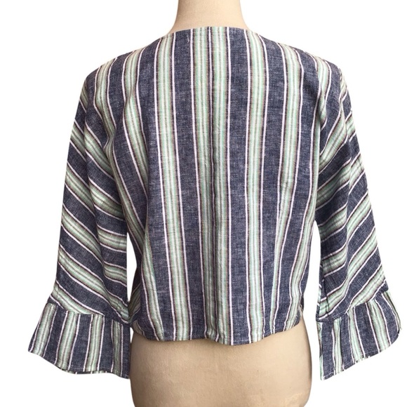 For Cynthia Striped Linen Blend Tie Front Bell Sleeve Crop Shirt - Picture 7 of 9